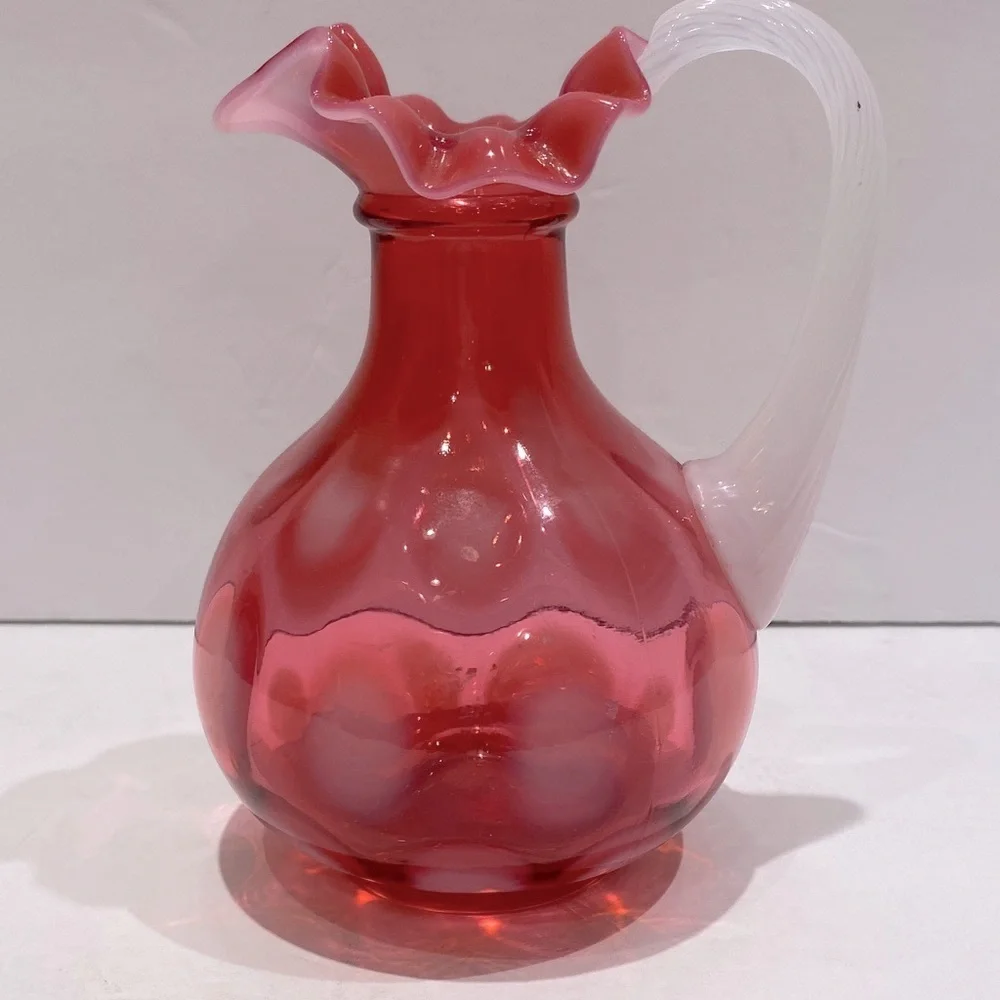 Fenton Cranberry Opalescent Optic Thumbprint Pitcher/Cruet With Applied Handle - Picture 2 of 9